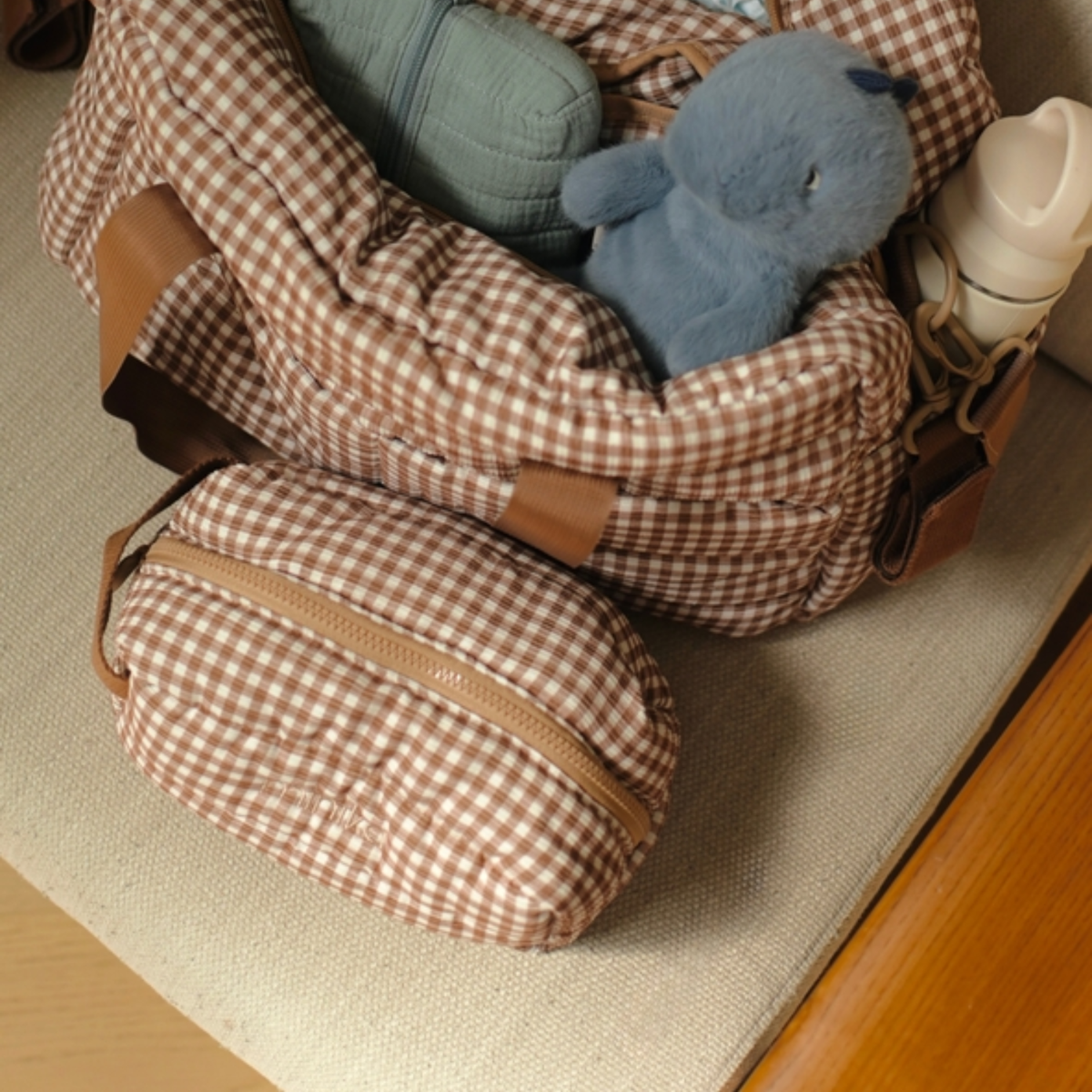 Puff Corduroy Toiletry Bag - Gingham Brown