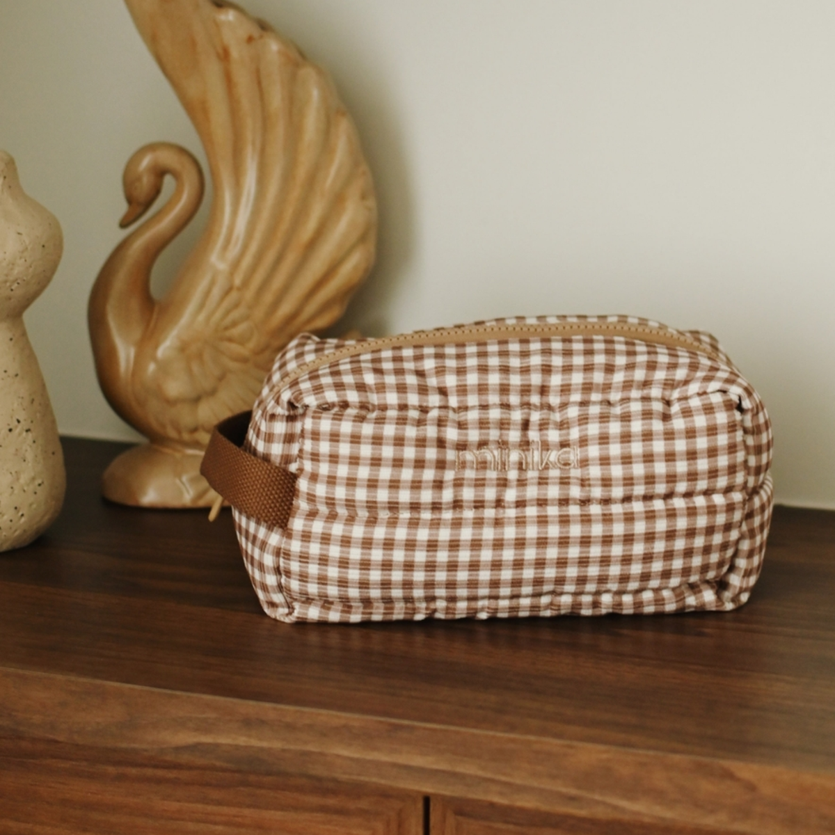 Puff Corduroy Toiletry Bag - Gingham Brown
