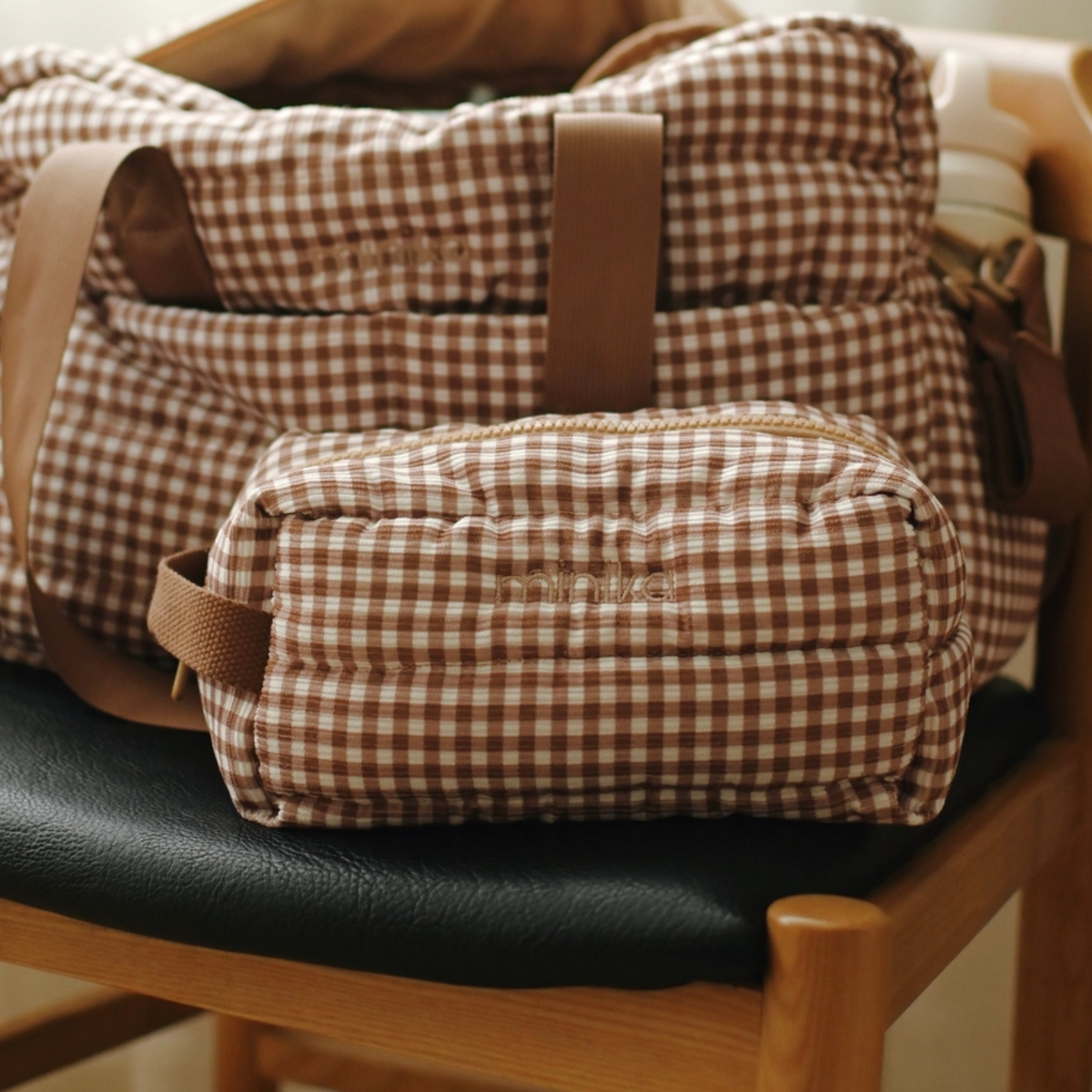Puff Corduroy Toiletry Bag - Gingham Brown