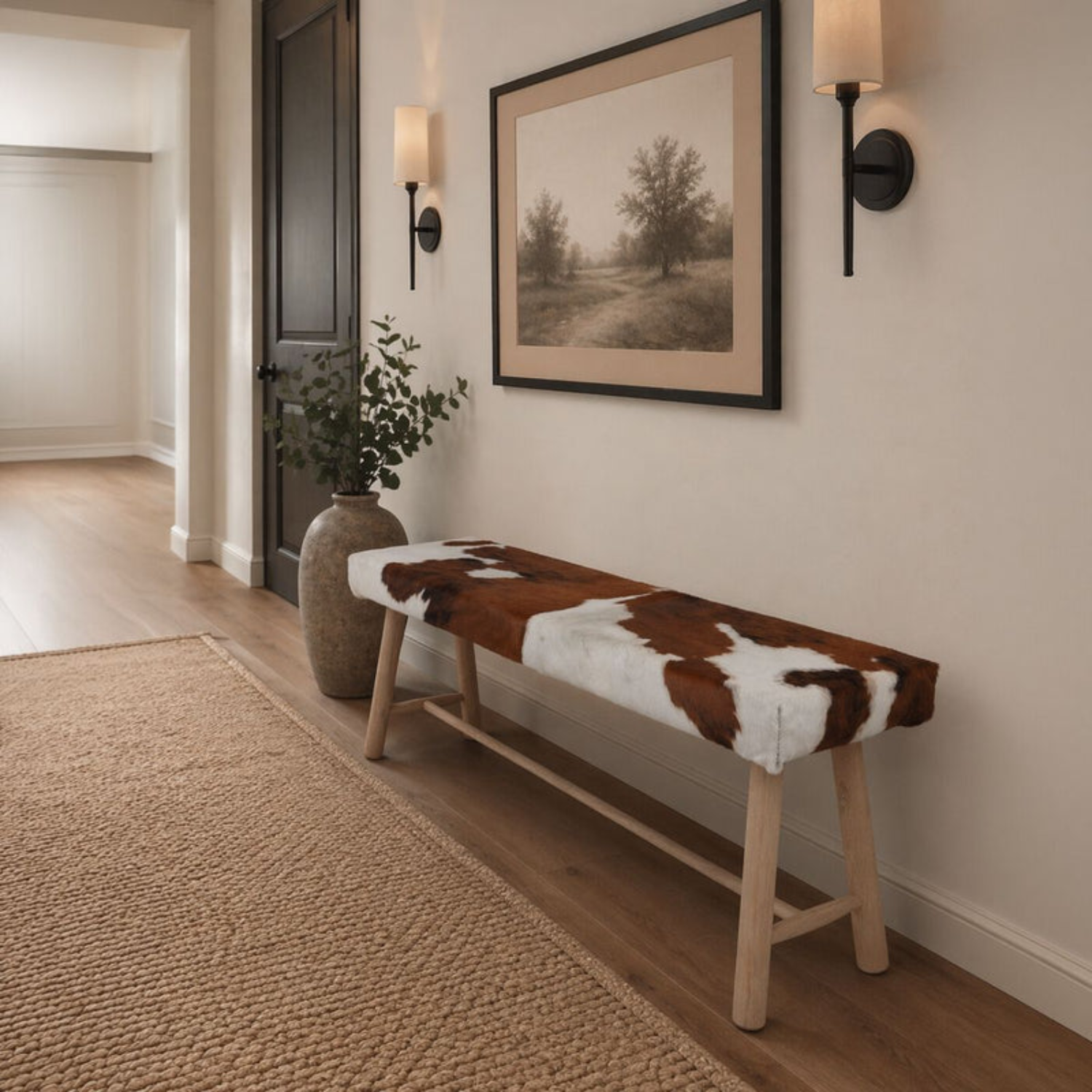 Norway Brown Cowhide Oak Bench