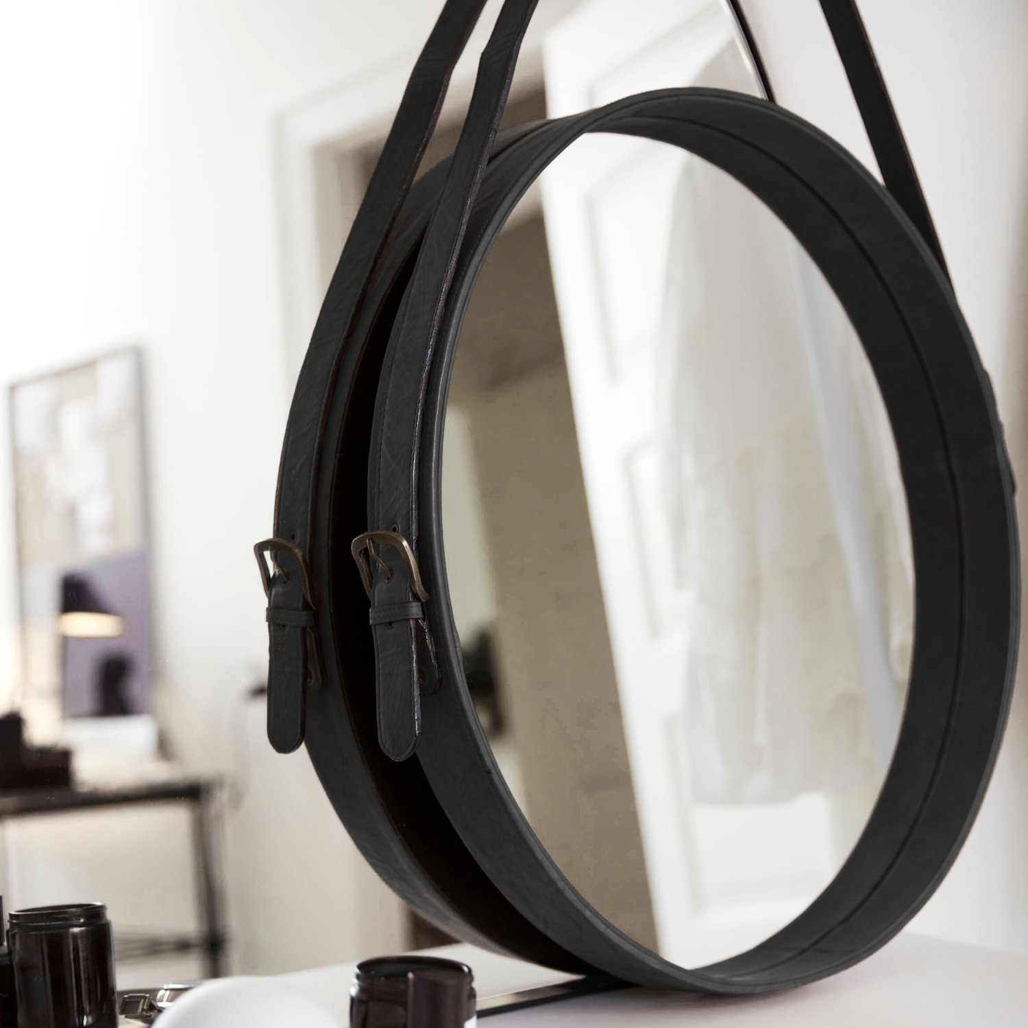Lars Leather Round Mirrors - Black