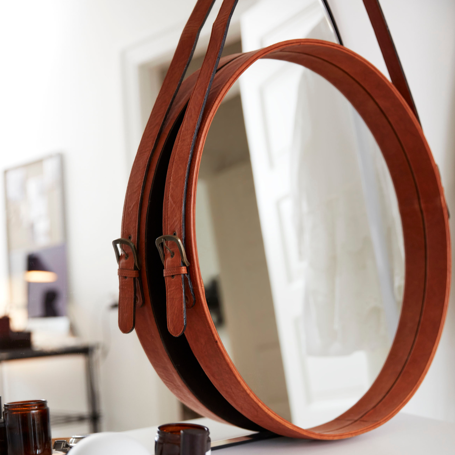 Lars Leather Round Mirrors - Camel Brown