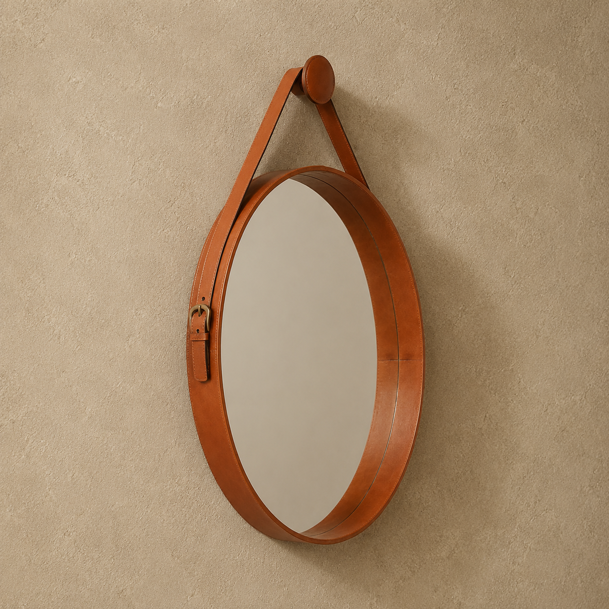 Lars Leather Round Mirrors - Camel Brown