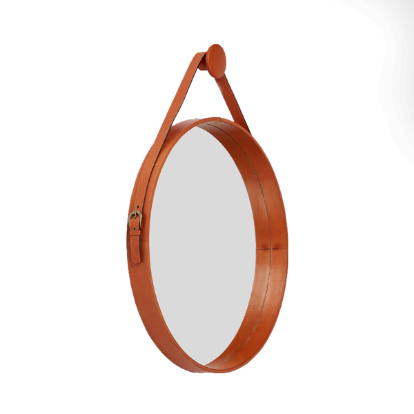 Lars Leather Round Mirrors - Camel Brown