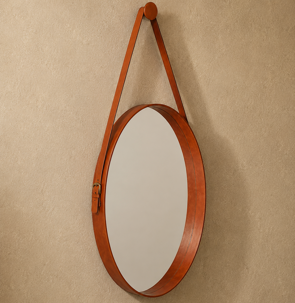 Lars Leather Round Mirrors - Camel Brown