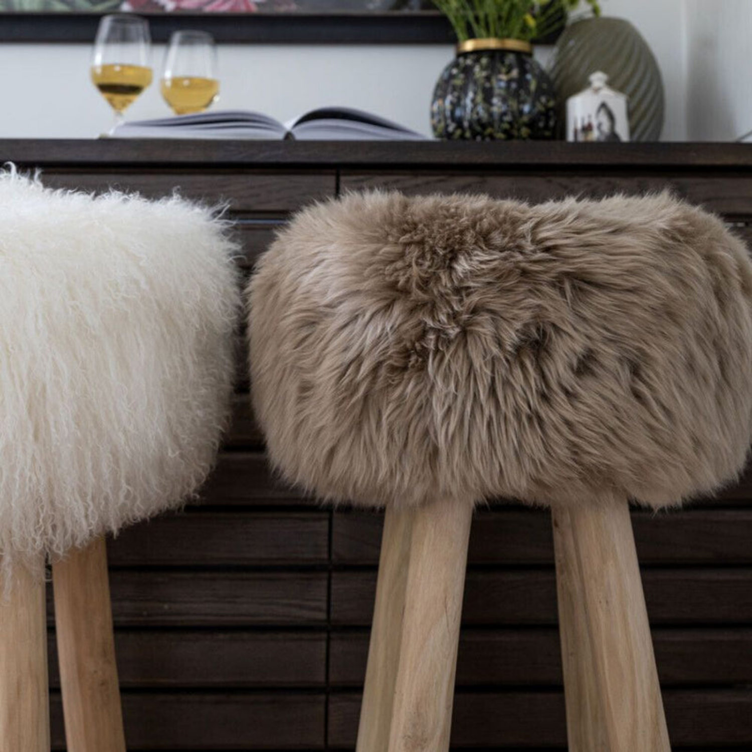 Aarhus Wool Sheepskin Barstool - Taupe