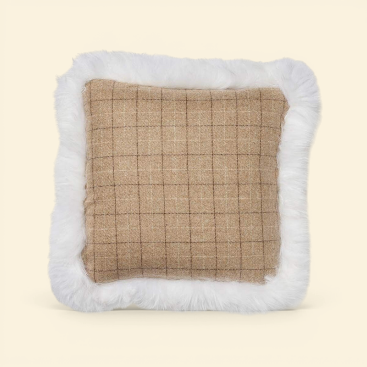 Astrid Plaid Long-Wool Trim Toss Pillow - Oatmeal/Beige/Ivory