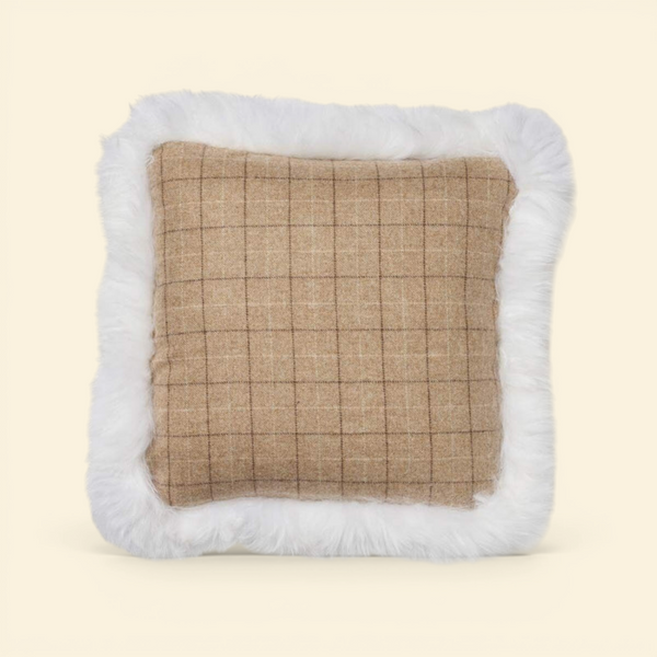 Astrid Plaid Long-Wool Trim Toss Pillow - Oatmeal/Beige/Ivory