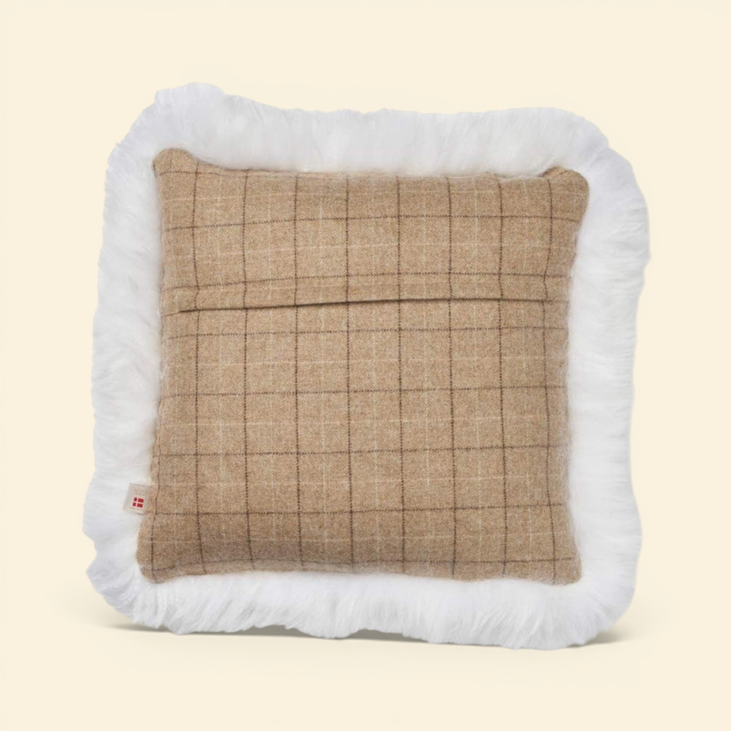 Astrid Plaid Long-Wool Trim Toss Pillow - Oatmeal/Beige/Ivory