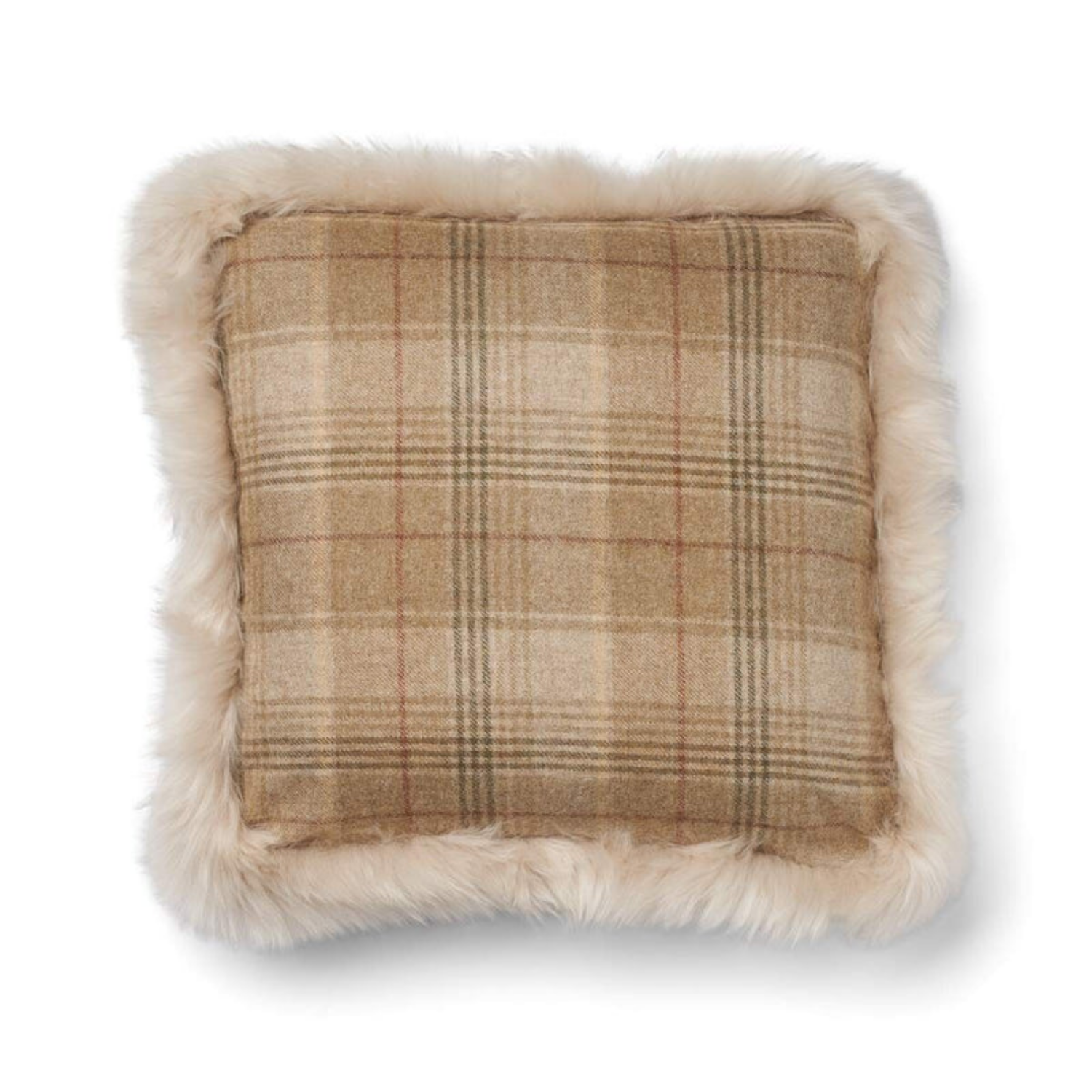 Astrid Plaid Long-Wool Trim Toss Pillow - Sand/Beige/Linen