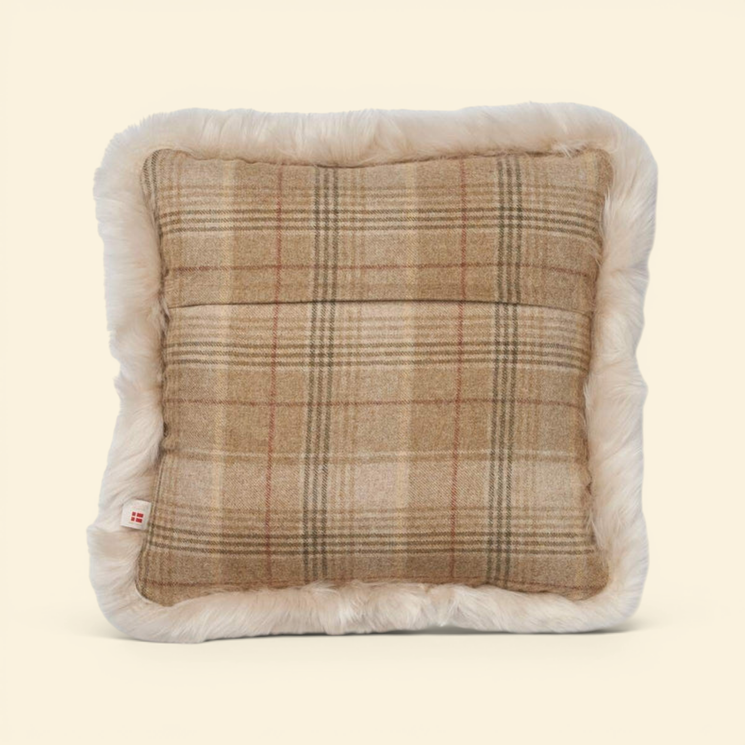 Astrid Plaid Long-Wool Trim Toss Pillow - Sand/Beige/Linen