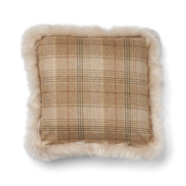 Astrid Plaid Long-Wool Trim Toss Pillow - Sand/Beige/Linen