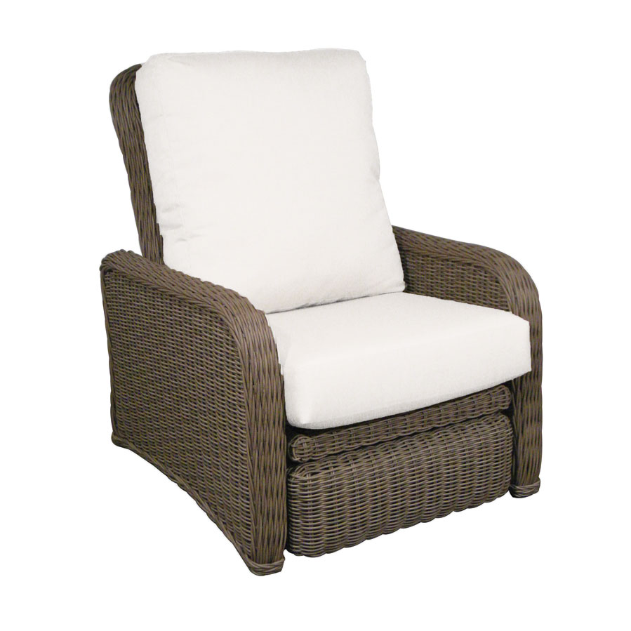 Outdoor traditional synthetic wicker weave, aluminum framed club chair, driftwood colour, deep back and seat cushion in Canvas Natural Sunbrella fabric, rounded arms, wicker weave sides, back and skirt