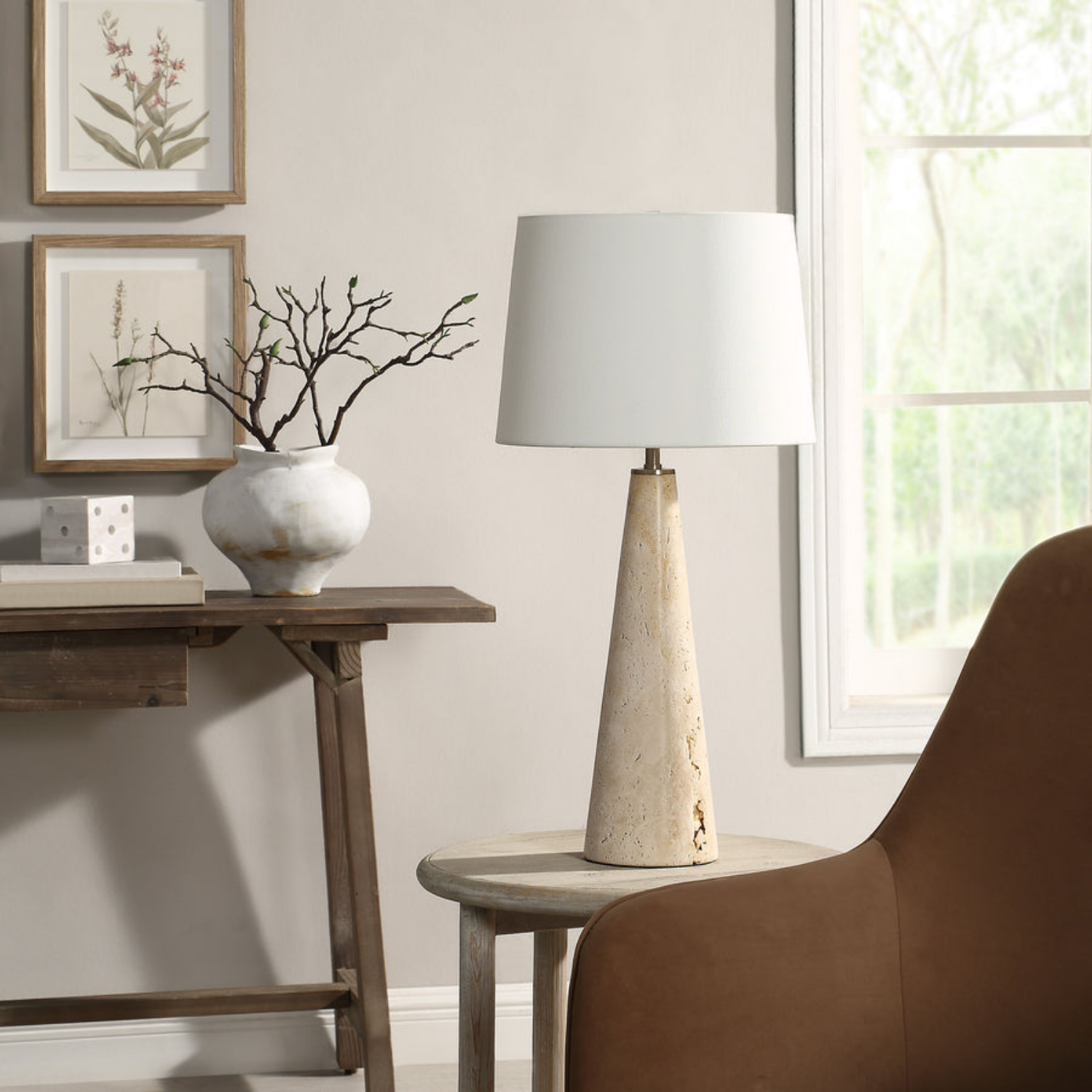 Luna Travertine Table Lamp- Travertine/Natural