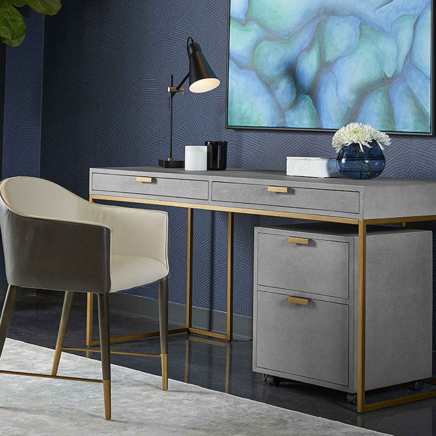 Shagreen Leather Desk - Grey/Brass