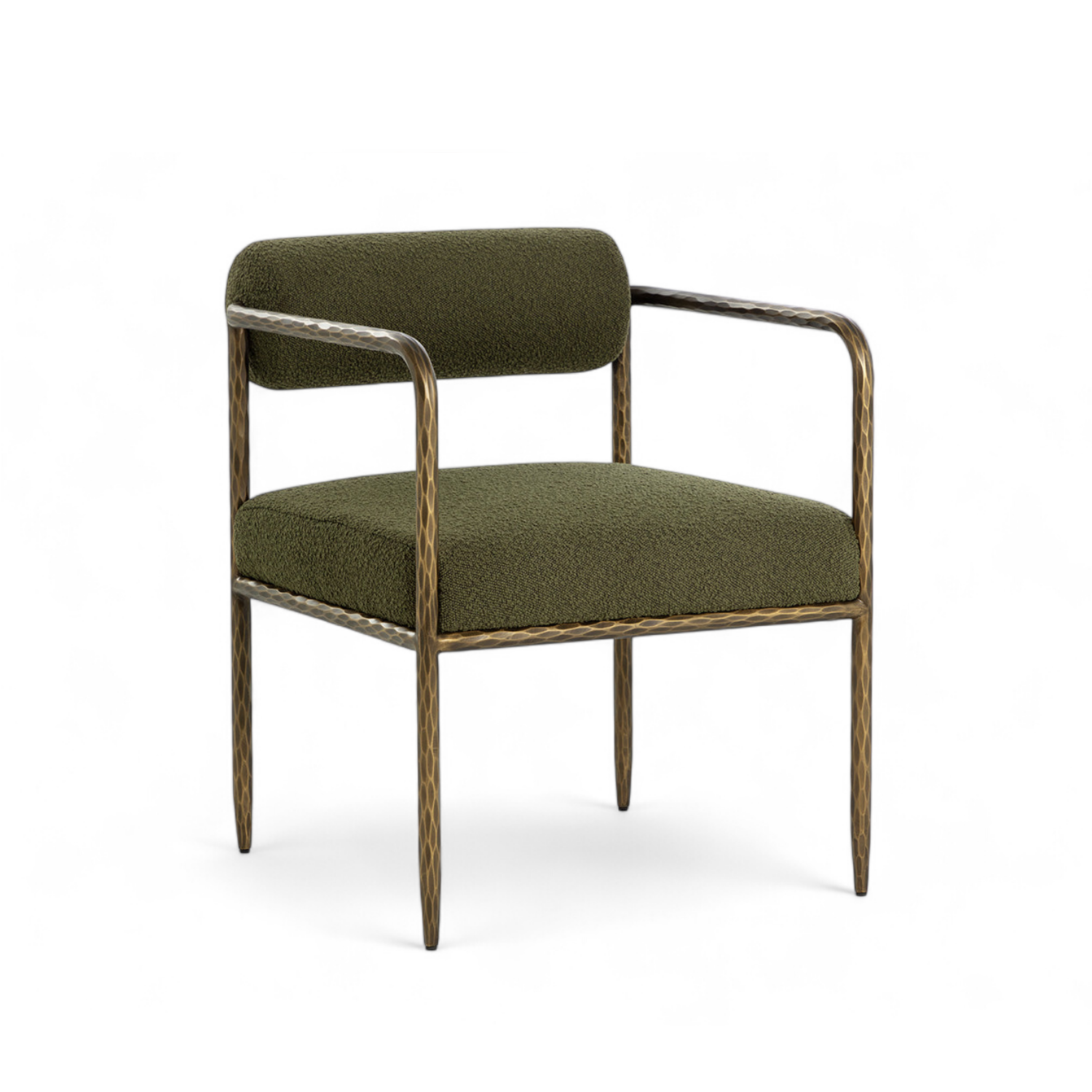 Hammered Antique Brass Dining Arm Chair - Olive Boucle