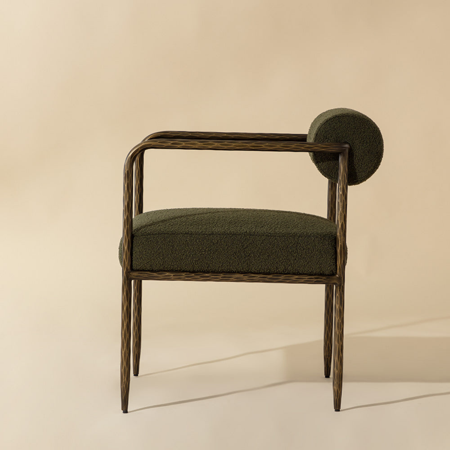 Hammered Antique Brass Dining Arm Chair - Olive Boucle