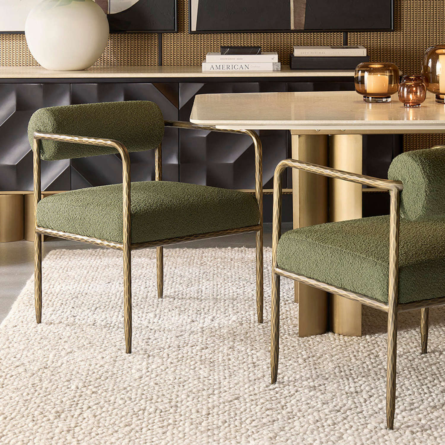 Hammered Antique Brass Dining Arm Chair - Olive Boucle