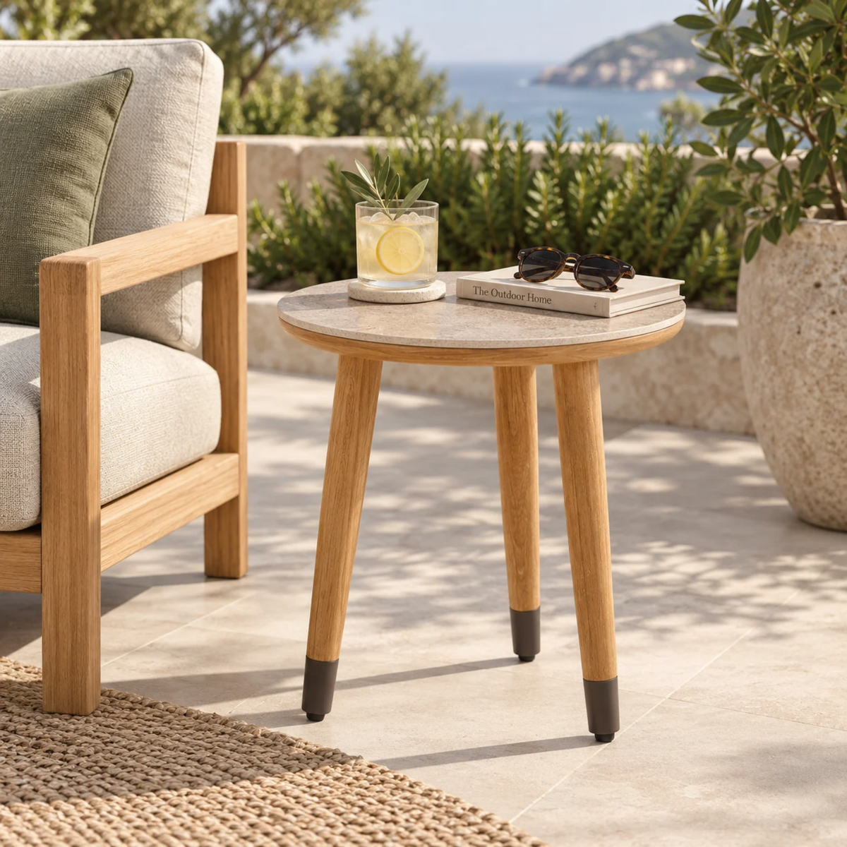 Cypress Teak 16" Side Table - Sabbia Pana Ceramic Top