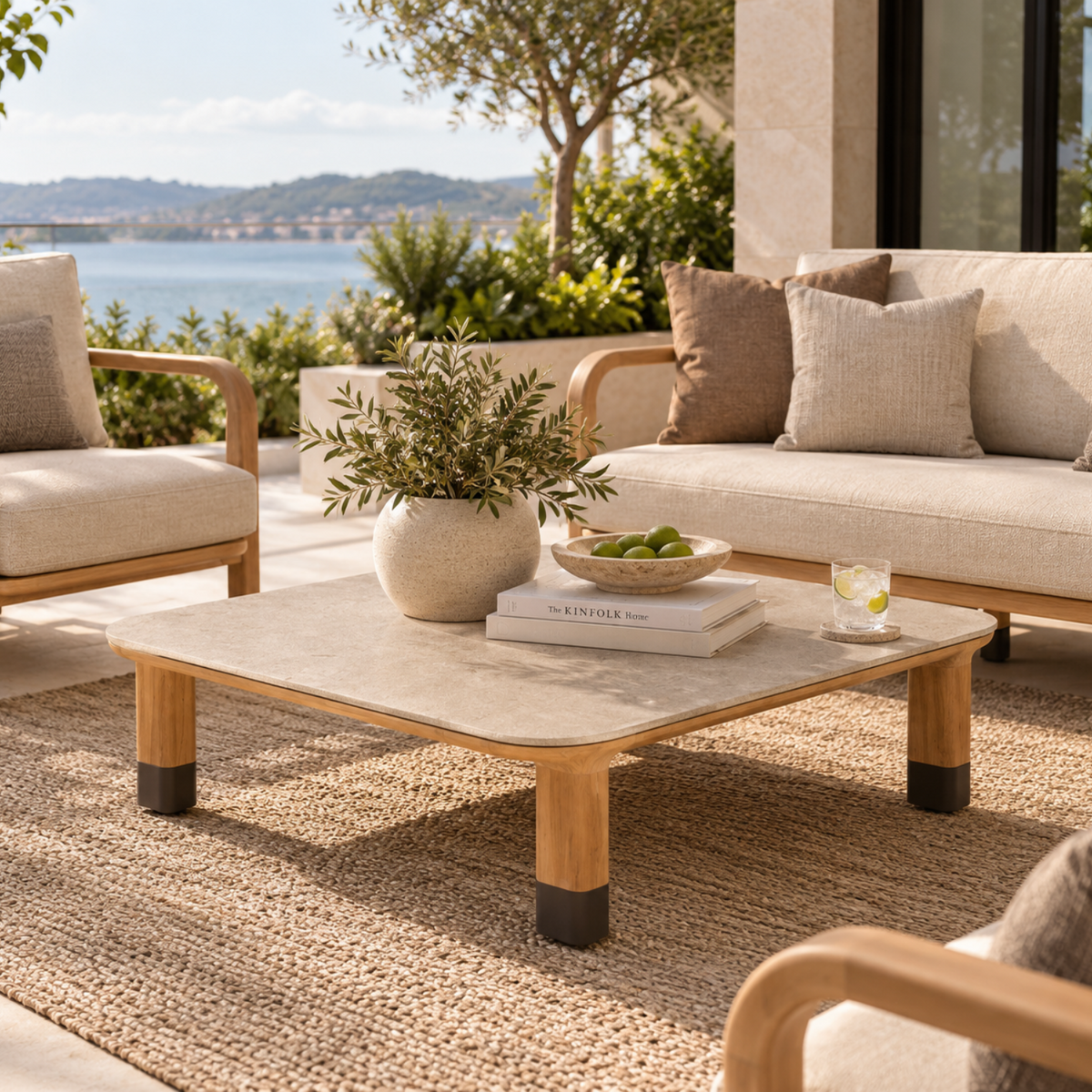 Cypress Teak 35" Square Coffee Table - Sabbia Pana Ceramic Top