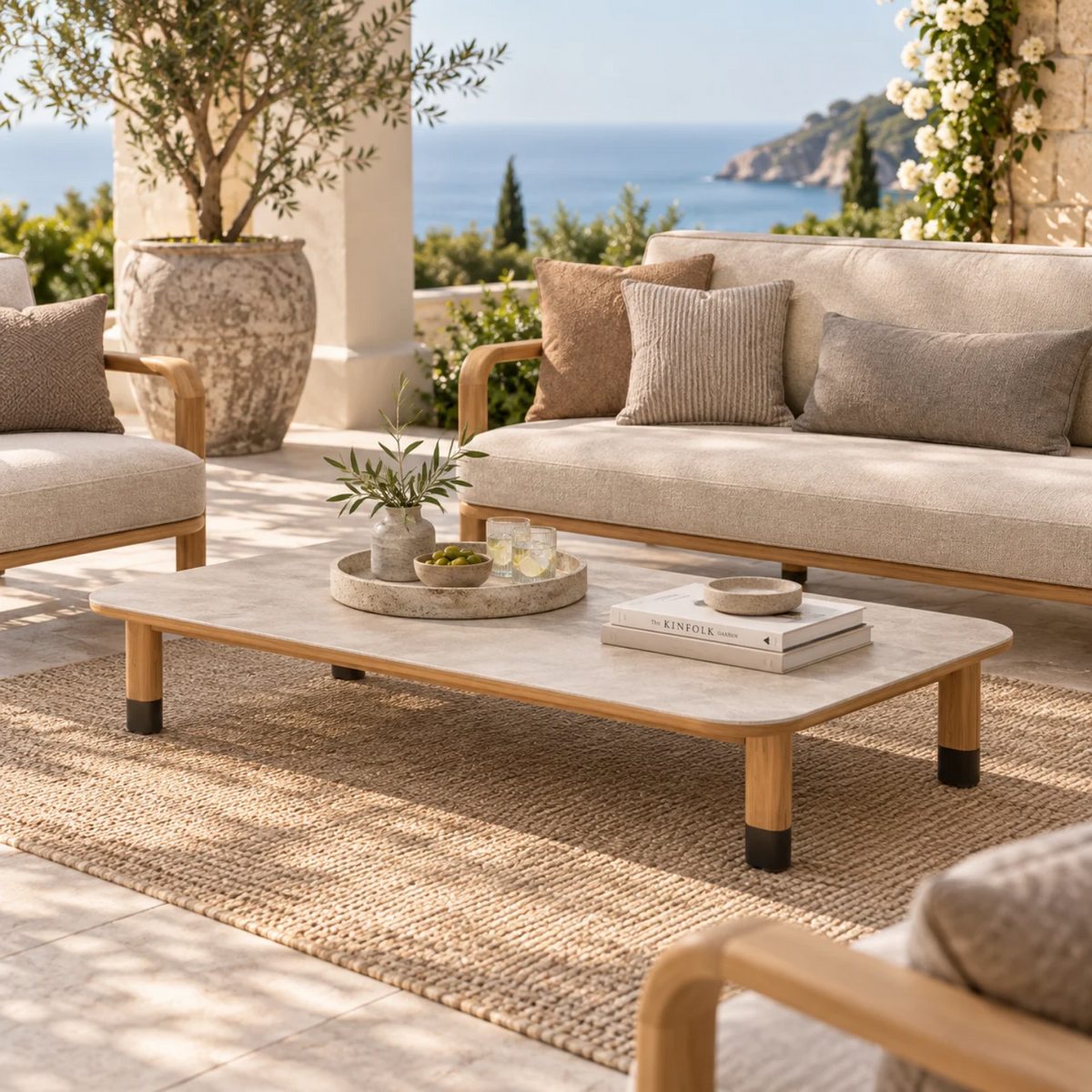 Cypress Teak 63" Rectangular Coffee Table - Sabbia Pana Ceramic Top