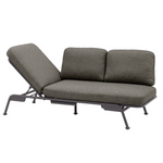 contemporary outdoor reclining sofa, charcoal olefin fabric, charcoal rust resistant frame, splayed tubular legs, firm cushions, 2 seater, converts into chaise, 3 reclining positions, chaise head rest cushion, protective cover