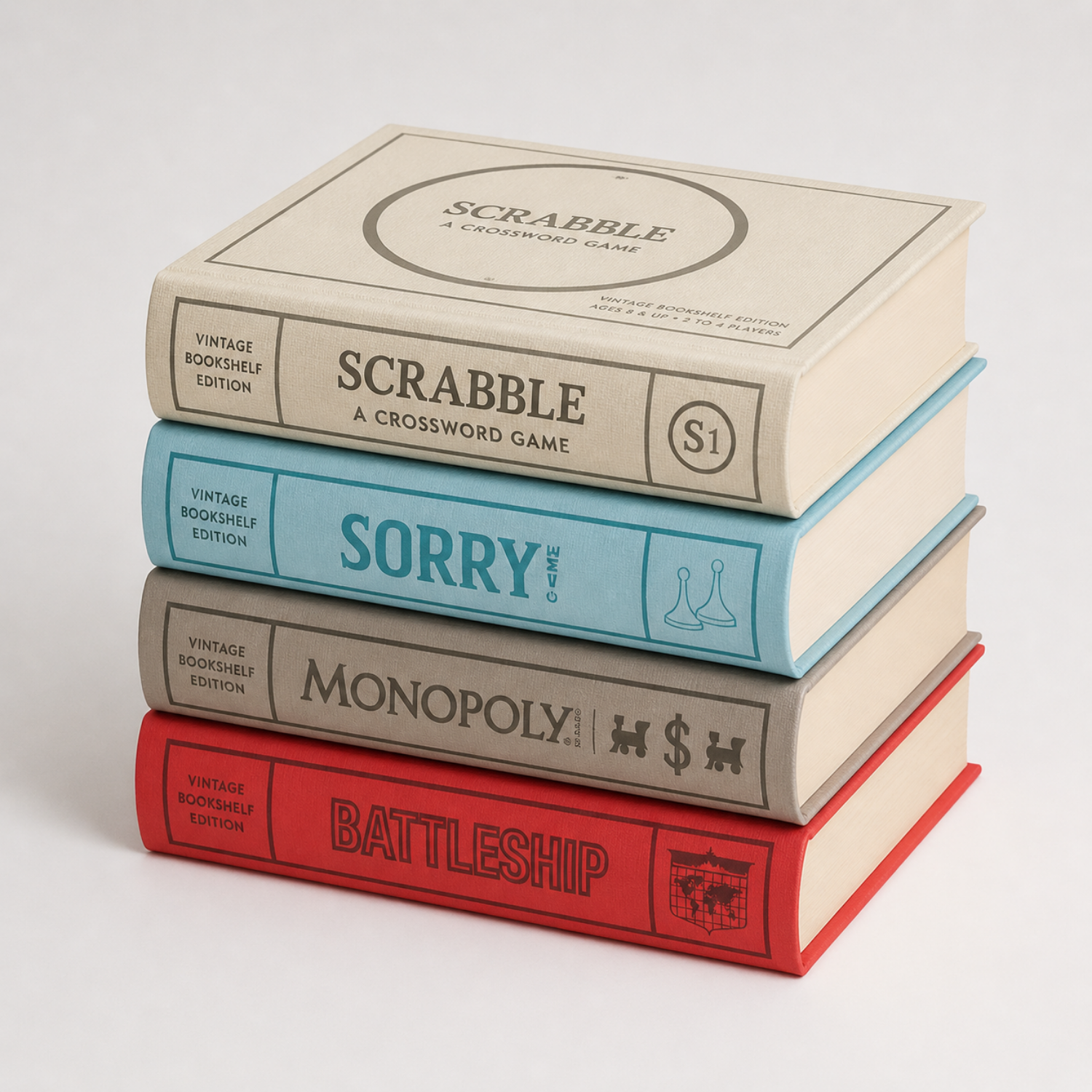 Vintage Bookshelf Board Games (Set of 4) - Battleship, Monopoly, Scrabble, Sorry!
