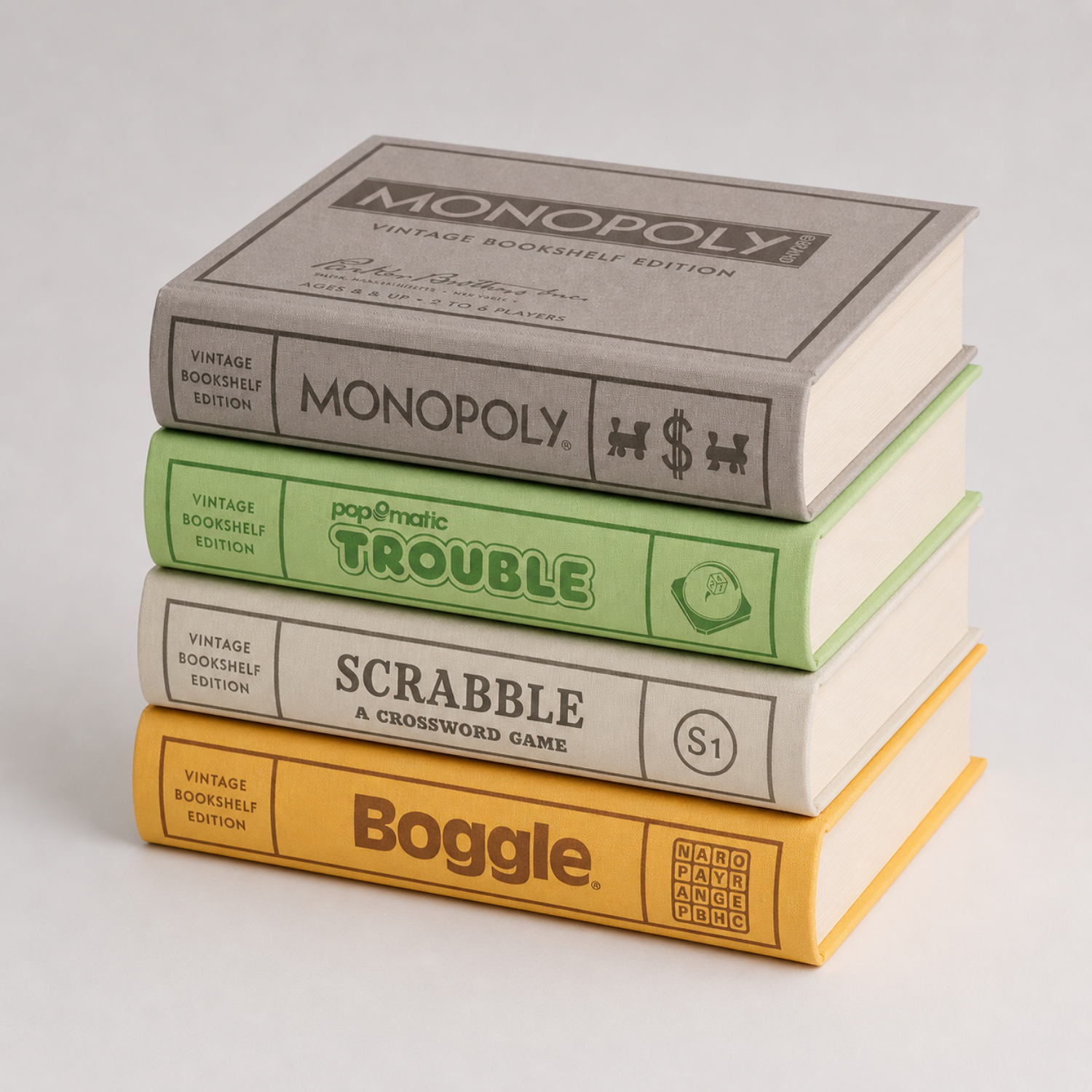 Vintage Bookshelf Board Games (Set of 4) - Boggle, Monopoly, Scrabble, Trouble