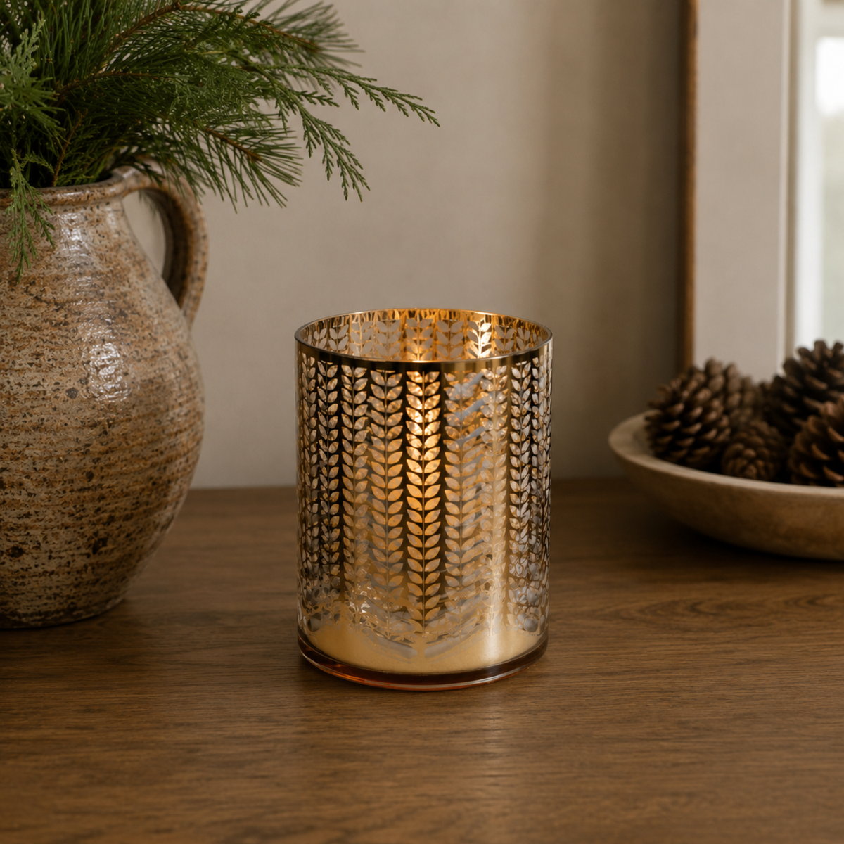 Etched Hurricane Gold Candle Holder