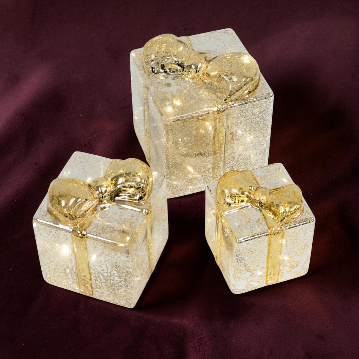 Noel Silver/ Gold Mercury Glass Light-Up Presents