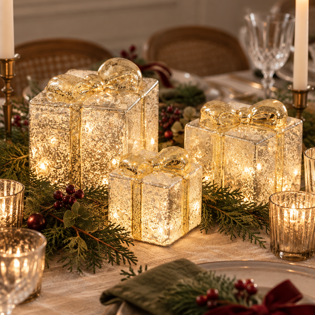 Noel Silver/ Gold Mercury Glass Light-Up Presents