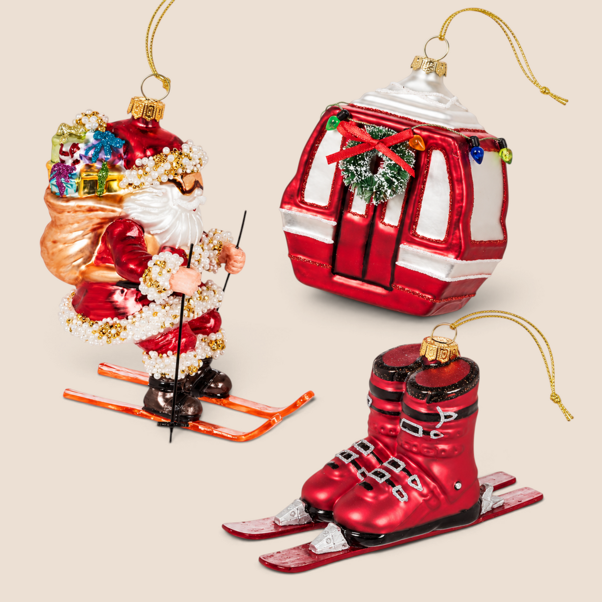 Santa Hits the Slope Holiday Glass Ornaments (Set of 3)