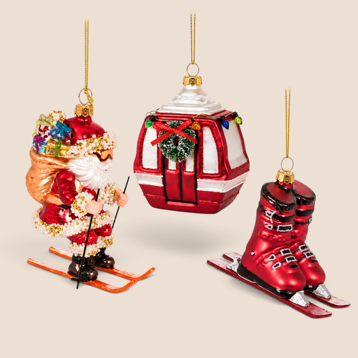 Santa Hits the Slope Holiday Glass Ornaments (Set of 3)