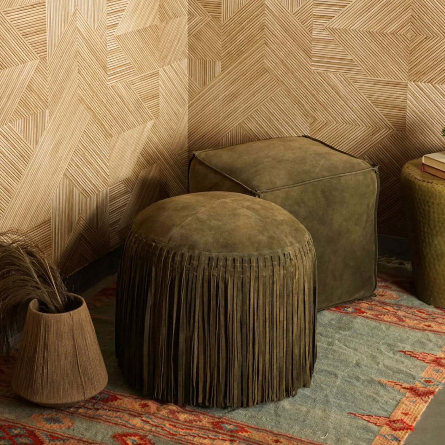 Suede Fringe Round Ottoman - Forest Green