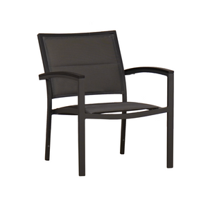 Transitional outdoor club chair with padded sling mesh seat, charcoal aluminum frame and black arm accents.