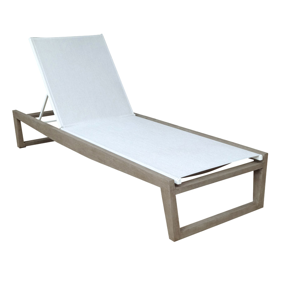 Outdoor transitional teak framed lounger , weathered teak look,  straight clean line frame, white coloured sling seat