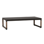 Premium contemporary outdoor coffee table, tubular aluminum frame teak accents on legs, charcoal frame, smooth high pressure laminate rectangular top with faux concrete top in dark grey