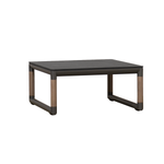 Premium contemporary outdoor end table, tubular aluminum frame teak accents on legs, charcoal frame, smooth high pressure laminate rectangular top with faux concrete top in dark grey