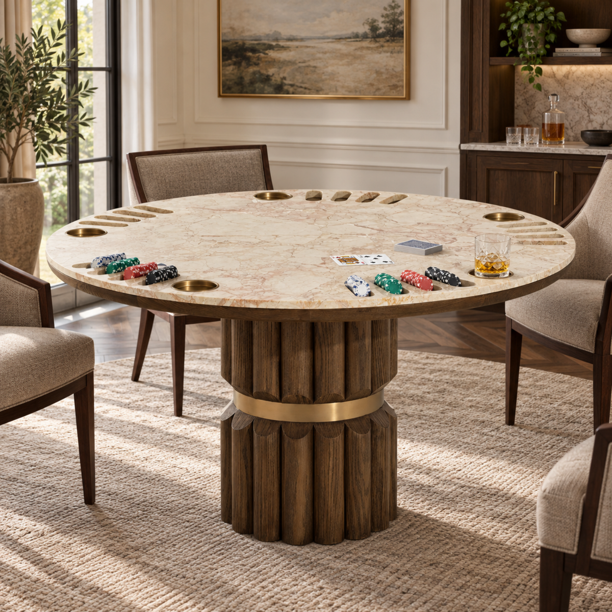 Belmont Poker Table - Crema Breccia Marble