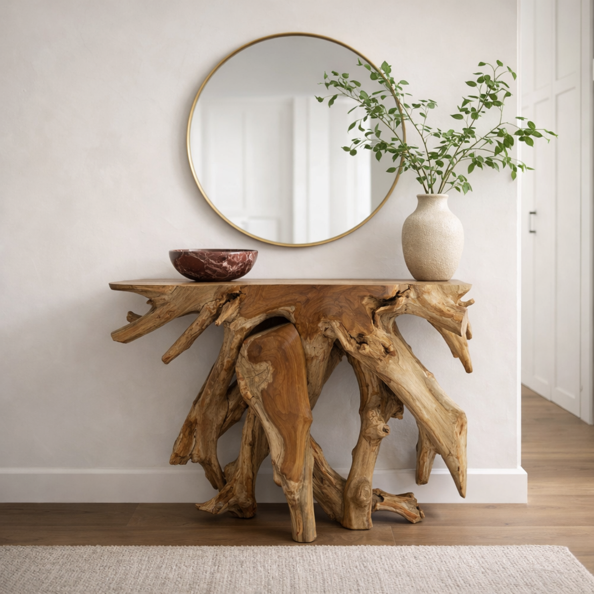 Teak Raw Root Console Table