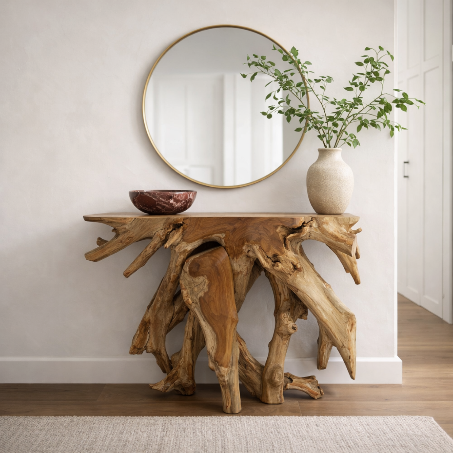 Teak Raw Root Console Table