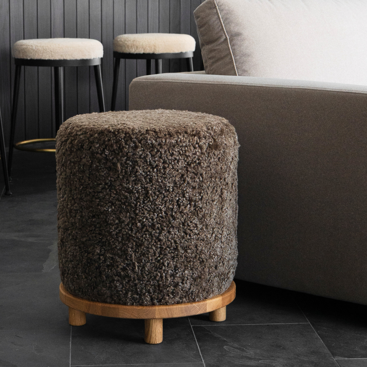 Saga Wool Sheepskin Ottoman - Taupe