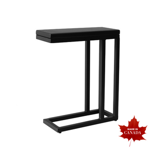 Premium transitional indoor/outdoor slate black occasional table, base can slide under seating, black aluminum, simple clean lines