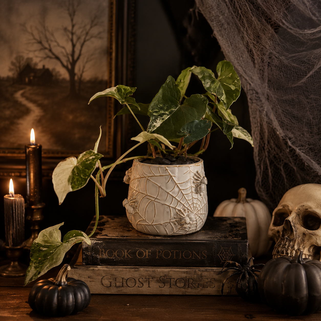 Spooky Spider Cream Ceramic Pot