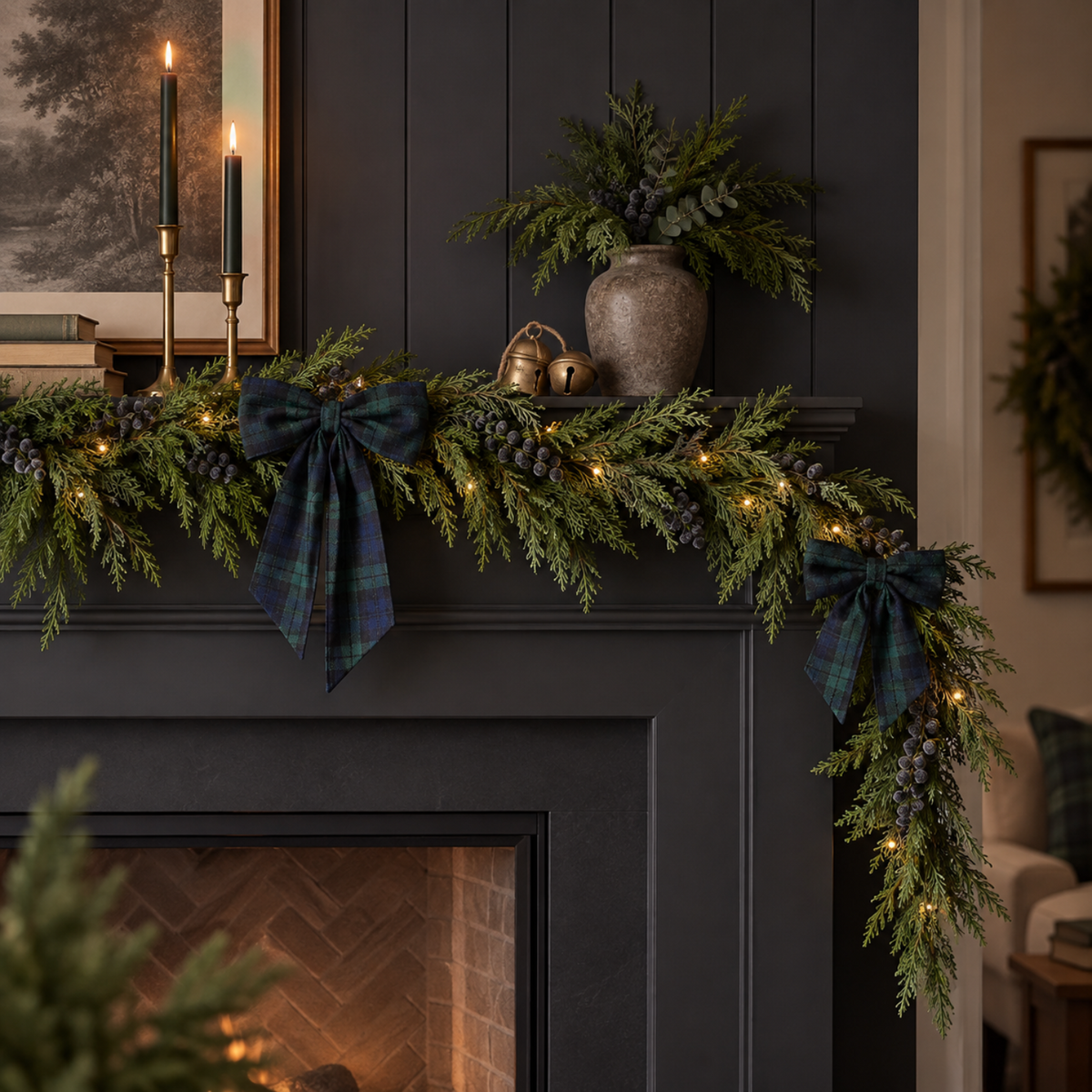 Pre-Lit Norfolk Frosted Blue Plum Berry Garland & Bow Set - Tartan Green (9 Pieces)