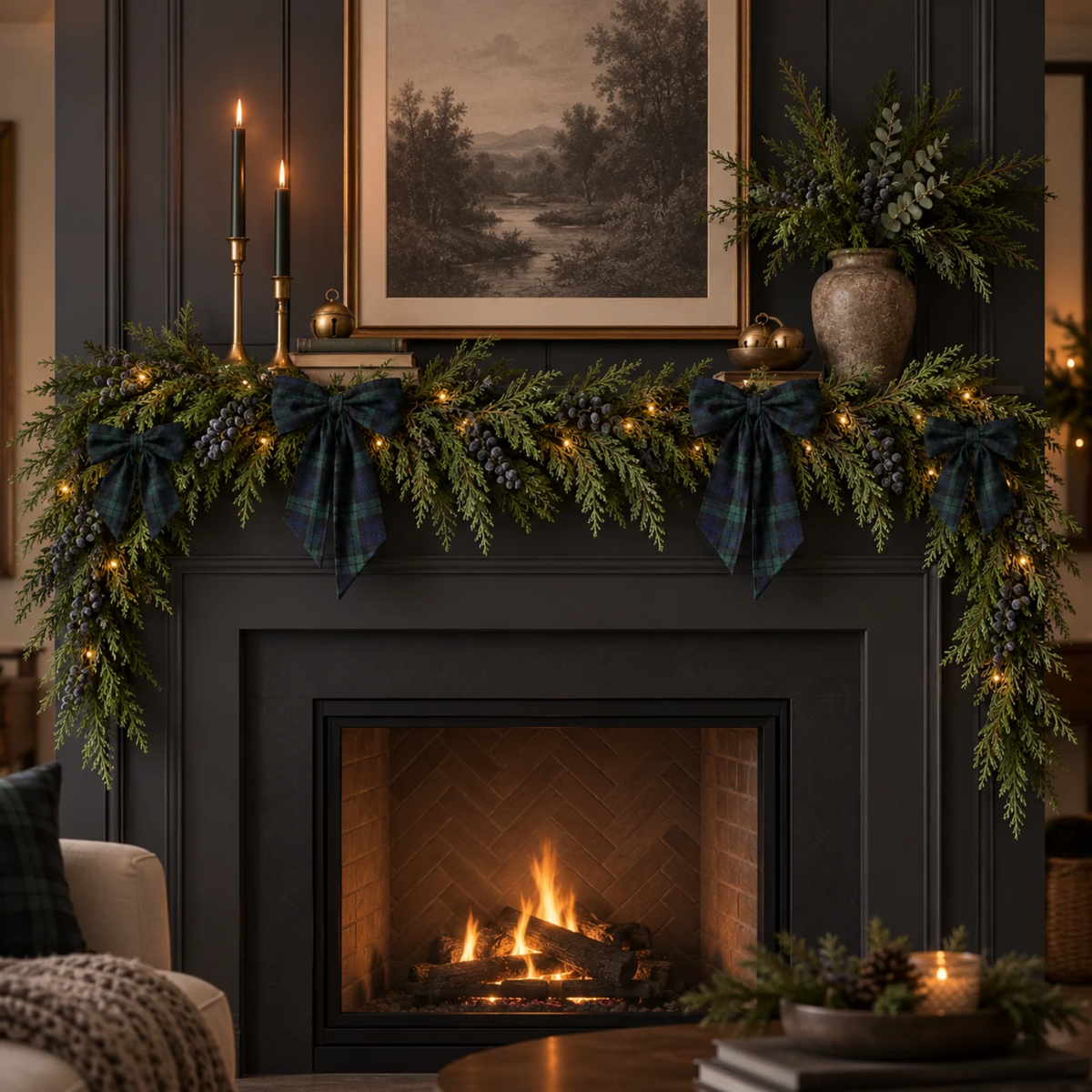 Pre-Lit Norfolk Frosted Blue Plum Berry Garland & Bow Set - Tartan Green (9 Pieces)