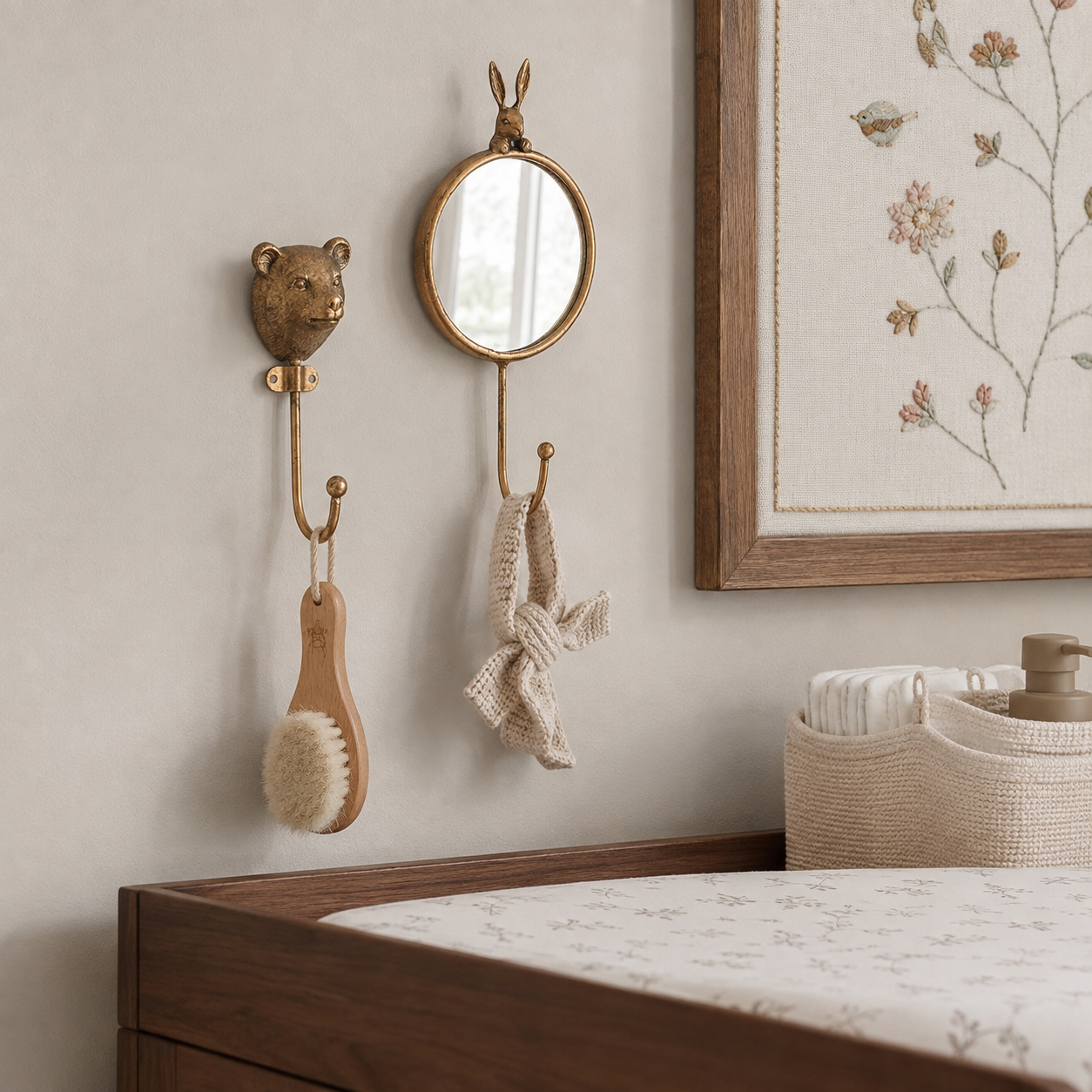 Whimsical Bramble Hare Brass Wall Mirror & Hook