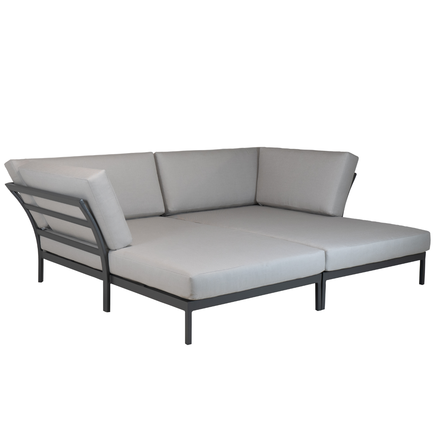 large outdoor double chaise, powder-coated aluminum frame, horizontal slat backing on a small reclining angle, 2 back cushions, 2 side cushions