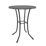 round bar table, made from powder-coated wrought iron, mesh style top, splayed legs, comes with umbrella hole