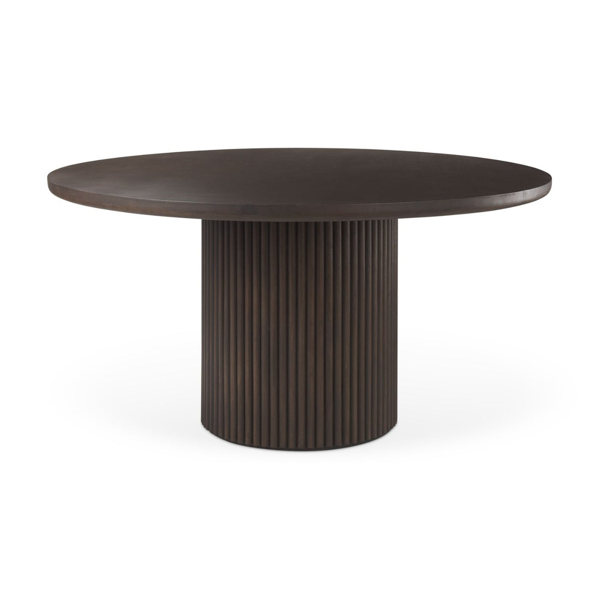 Mercana Terra round fluted dining table made from mango wood with Dark Brown Espresso finish.